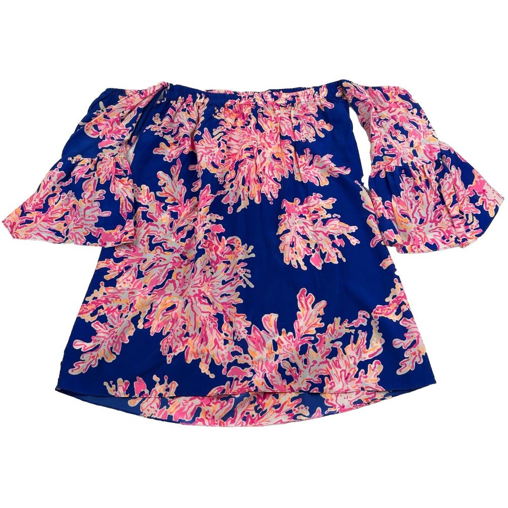 Lilly Pulitzer Off The Shoulder Top Womens M 100% Silk Floral Colorful Vibrant